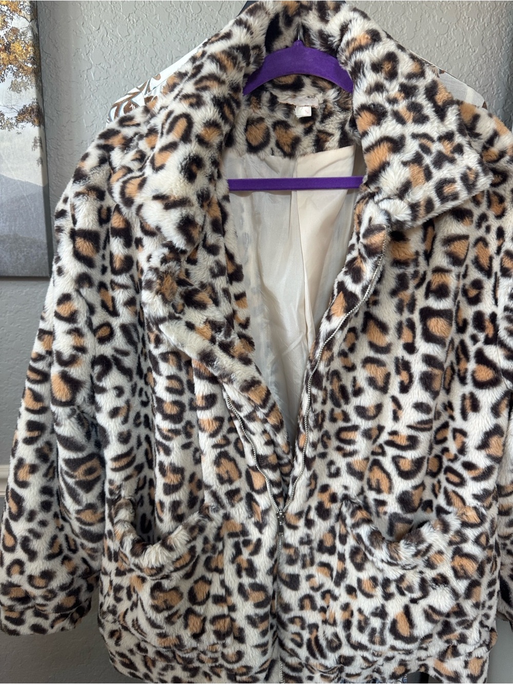 Leopard Print Faux Fur Coat - Cream and Brown